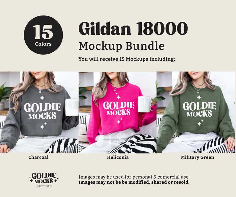 May include: Mockup bundle of 15 Gildan 18000 sweatshirts in various colours. The sweatshirts are cropped and feature the text "Goldie Mocks" in a retro font. The colours shown are charcoal, heliconia, and military green.