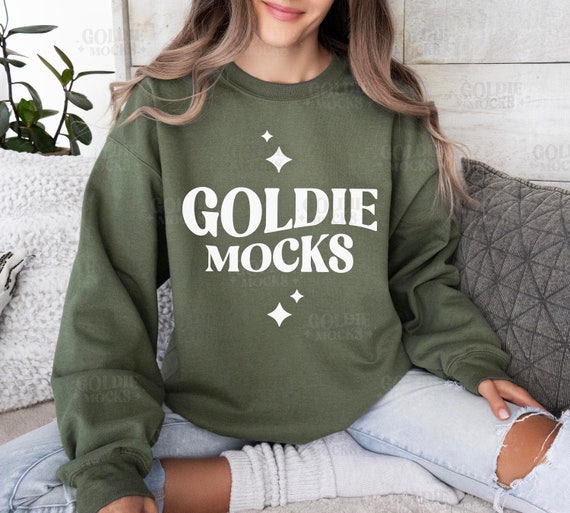 Gildan 18000 Military Green Sweatshirt Mockup | G180 Green Crewneck Mock-up | Model Mock | Gildan 18000 Military | Casual Everyday Aesthetic