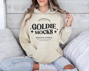 Gildan 18500 Sand Hoodie Mockup | G185 Hooded Sweatshirt Mockup | Model Mock | Gildan 18500 Hoodie | Simple Beige Tan Hooded Sweatshirt Mock