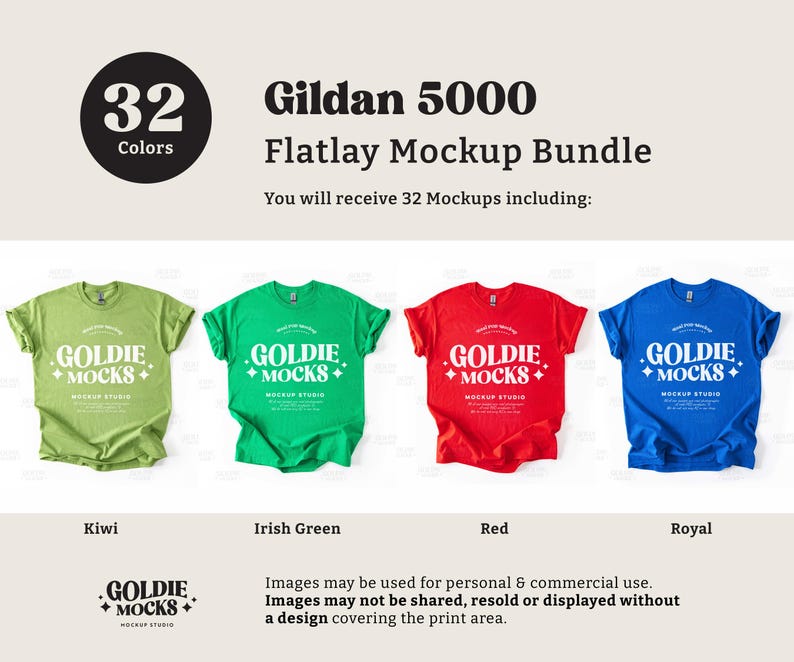 Puede incluir: Un paquete de maquetas de camisetas Gildan 5000 en plano, que incluye 32 camisetas de diferentes colores, como kiwi, verde irland&eacute;s, rojo y azul royal. Las camisetas est&aacute;n dispuestas sobre un fondo blanco y presentan el texto "Goldie Mocks" impreso en la parte delantera.