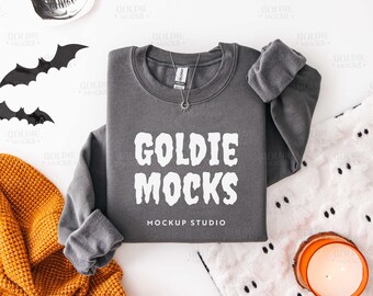 Gildan 18000 Charcoal Sweatshirt Flat Lay Mockup | Halloween G180 Grey Folded Sweater Mock-up | Real Photo | Cute Trendy Cozy Fall Aesthetic