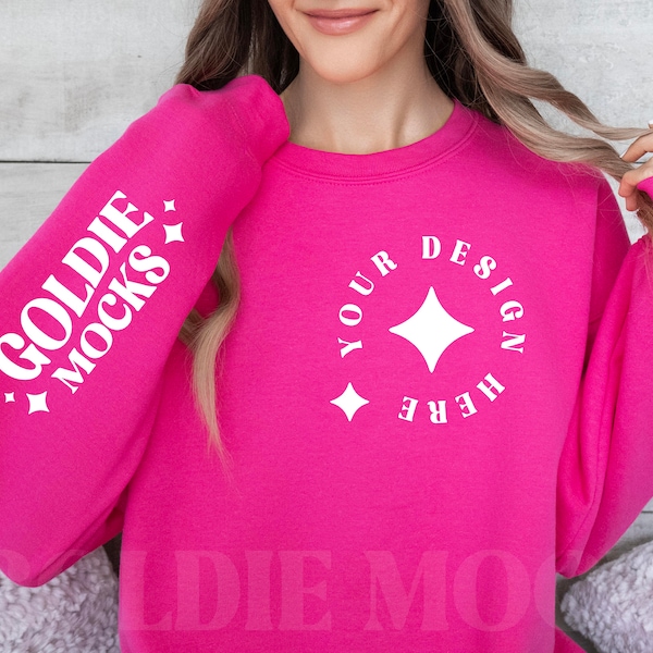 Gildan 18000 Heliconia Sweatshirt Sleeve Mockup | G180 Pink Crewneck Sleeve Mock-up | Model | Pink Gildan 18000 Arm | Simple Sleeve Mockup