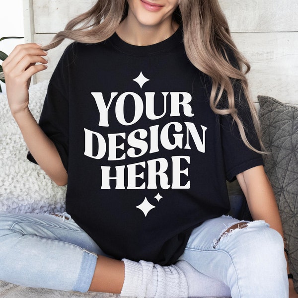 Comfort Colors C1717 Black Shirt Mockup | Black T-shirt Mockup | Oversized Tshirt | Real Model | CC Black | Simple Casual Flat Easy Mock-up