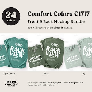 May include: A mockup bundle featuring Comfort Colors C1717 t-shirts in various shades of green. The shirts display the text "BACK VIEW" and "GOLDIE MOCKS" on the front and back. The image includes the text "24 Colors" and "Front & Back Mockup Bundle".