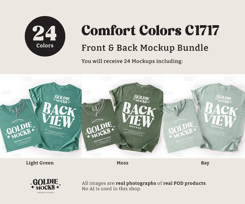 May include: A mockup bundle featuring Comfort Colors C1717 t-shirts in various shades of green. The shirts display the text "BACK VIEW" and "GOLDIE MOCKS" on the front and back. The image includes the text "24 Colors" and "Front & Back Mockup Bundle".