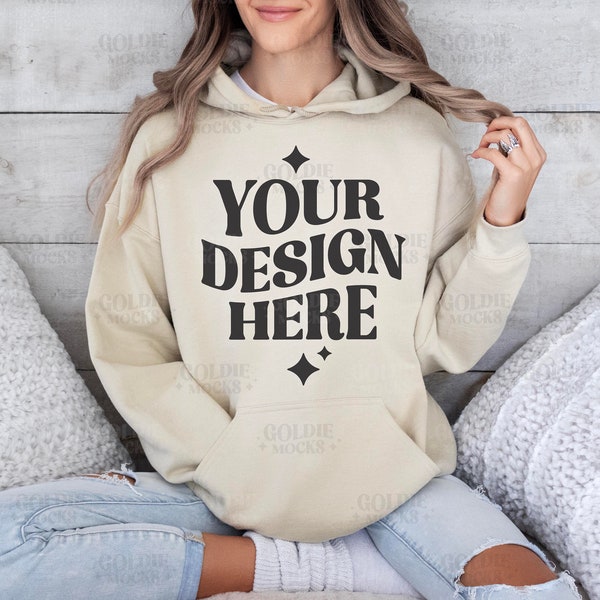 Gildan 18500 Sand Hoodie Mockup | G185 Hooded Sweatshirt Mockup | Model Mock | Gildan 18500 Hoodie | Simple Beige Tan Hooded Sweatshirt Mock