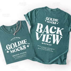 Comfort Colors C1717 Blue Spruce Tshirt Front Back Mockup | 1717 Green T-Shirt Flatlay Mock-up | Real Photo | Minimal Neutral Back View Tee