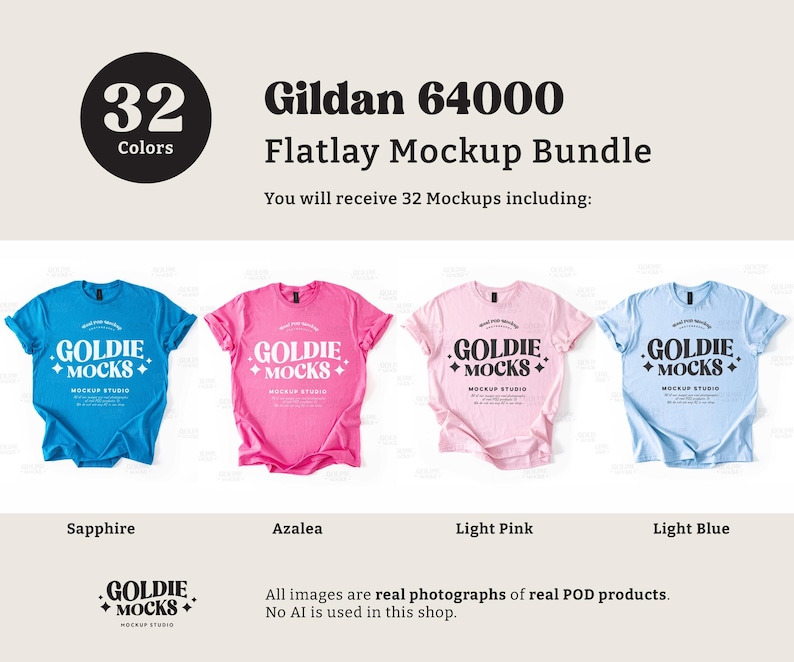 Op de afbeelding: Een flatlay mockup-pakket met 32 Gildan 64000 T-shirts in vier kleuren: saffierblauw, azalea roze, lichtroze en lichtblauw. De T-shirts liggen op een wit oppervlak. De tekst "GOLDIE MOCKS" is op elk T-shirt gedrukt.