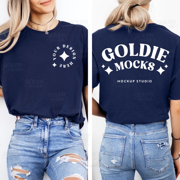 Gildan 64000 Navy Tshirt Front & Back Mockup | G640 Navy Blue T-shirt Front Back Mock-up | Real Model Mock | Split View Minimal Trendy Shirt