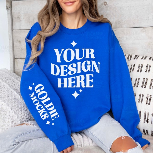 Gildan 18000 Royal Sweatshirt Sleeve Mockup | G180 Blue Crewneck Sleeve Mock-up | Real Model Mock | Royal Blue Gildan 180 Arm Sleeve