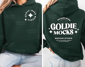 Gildan 18500 Forest Hoodie Front & Back Mockup / G185 Green Hooded Sweatshirt Split Mockup / Real Model Mock / Simple Minimal Dual Back View