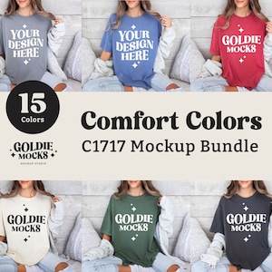 May include: A mockup bundle of 15 different colored t-shirts featuring the text "Goldie Mocks" and "Your Design Here". The t-shirts are shown on models wearing them. The text "Comfort Colors C1717 Mockup Bundle" is displayed below the image.
