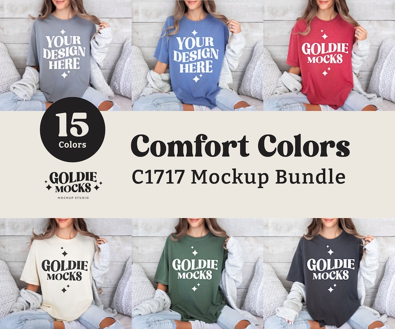 May include: A mockup bundle of 15 different colored t-shirts featuring the text "Goldie Mocks" and "Your Design Here". The t-shirts are shown on models wearing them. The text "Comfort Colors C1717 Mockup Bundle" is displayed below the image.