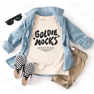 Rabbit Skins 3321 Natural Tshirt Mockup | 3321 Natural Toddler Flatlay T-Shirt Mock-up | Real Product | Trendy Jean Jacket Kids Youth Shirt