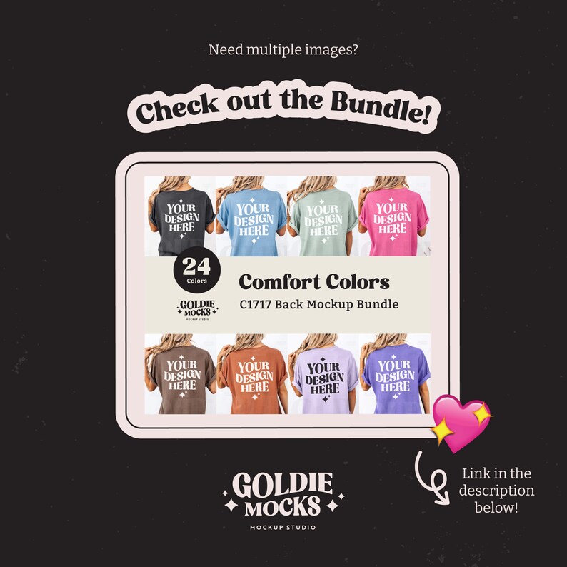 K&ouml;nnte beinhalten: Ein Mockup-Paket mit 24 verschiedenen farbigen T-Shirts mit dem Text "Your Design Here" auf der R&uuml;ckseite. Das Paket hei&szlig;t "Comfort Colors C1717 Back Mockup Bundle" und stammt von Goldie Mocks Mockup Studio.