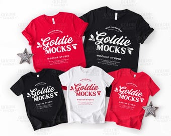 Bella Canvas 3001 3001Y Family Shirt Mockup | Christmas BC Youth Black Red Mock | Real Photo | Trendy Matching KIds Tshirt Group Flatlay