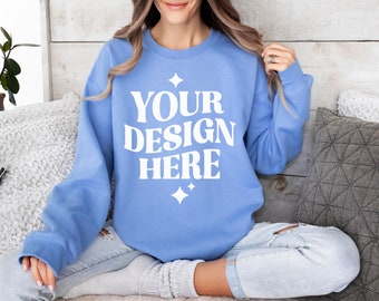 Gildan 18000 Carolina Blue Sweatshirt Mockup | G180 Blue Crewneck Mockup | Model Mock | Gildan Blue Sweater | Simple Neutral Minimal Mockup