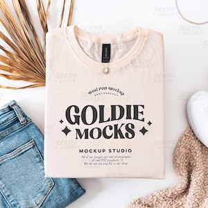 Gildan 64000 Natural Shirt Flat Lay Mockup | G640 Natural Folded Tshirt Mock-up | Real Product Mock | Simple Neutral Boho Flatlay Aesthetic