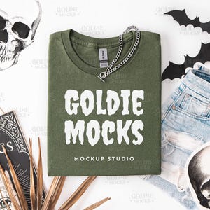 Gildan 5000 Military Green Tshirt Mockup | G500 Green T-shirt Folded Flatlay Mock-up | Real Product Mock | Trendy Fall Halloween Aesthetic
