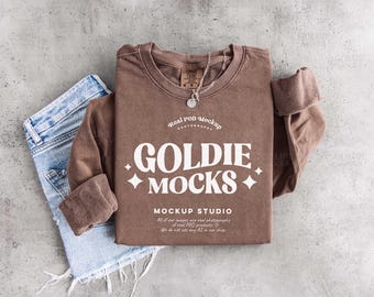 Comfort Colors 1466 Espresso Sweatshirt Mockup | C1466 Brown Folded Sweater Mock-up | Real Photo | Simple Minimal Neutral Casual Flat Lay