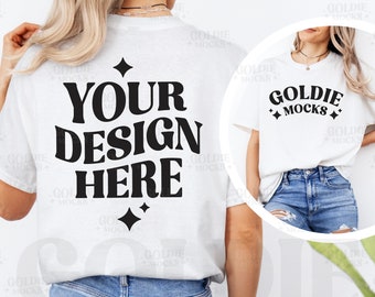 Maqueta de camiseta blanca Gildan 5000 delante y detrás / Maqueta de vista dividida de camiseta blanca G500 / Maqueta de modelo real / Camiseta minimalista simple de moda