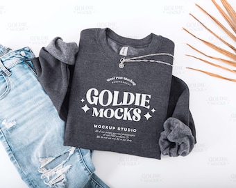Gildan 18000 Dark Heather Sweatshirt Mockup | G180 Grey Crewneck Flat Lay Mockup | Real Flatlay Mock | Folded Minimal Neutral Casual Sweater