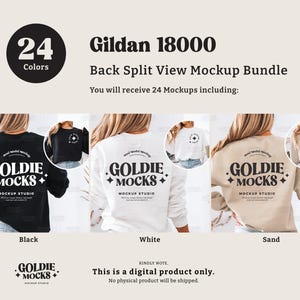 May include: Mockup bundle of 24 Gildan 18000 sweatshirts in black, white, and sand colors. The sweatshirts feature a back split view and the text "Goldie Mocks Mockup Studio" printed on the back.