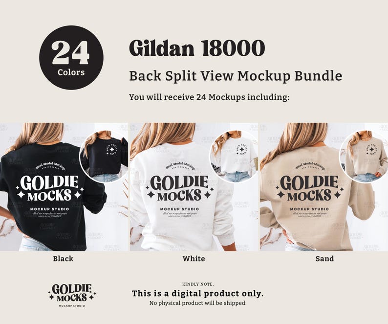 May include: Mockup bundle of 24 Gildan 18000 sweatshirts in black, white, and sand colors. The sweatshirts feature a back split view and the text "Goldie Mocks Mockup Studio" printed on the back.