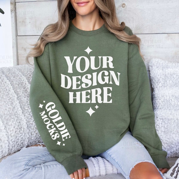 Gildan 18000 Military Green Sweatshirt Sleeve Mockup | G180 Green Crewneck Sleeve Mockup | Real Model Mock | Green Sleeve | Simple Neutral