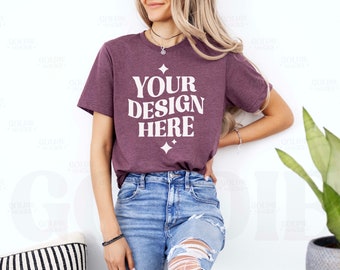 Bella Canvas 3001 Heather Maroon Tshirt Mockup | 3001 Heather Maroon T-shirt Mockup | Real Model Mock | Simple Aesthetic Minimal Casual