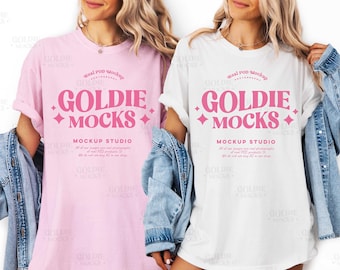 Comfort Colors C1717 Blossom & White Group Shirt Mockup | 1717 Pink White T-shirt Mock-up | Real Model | Bridal Bachelorette Double Mock