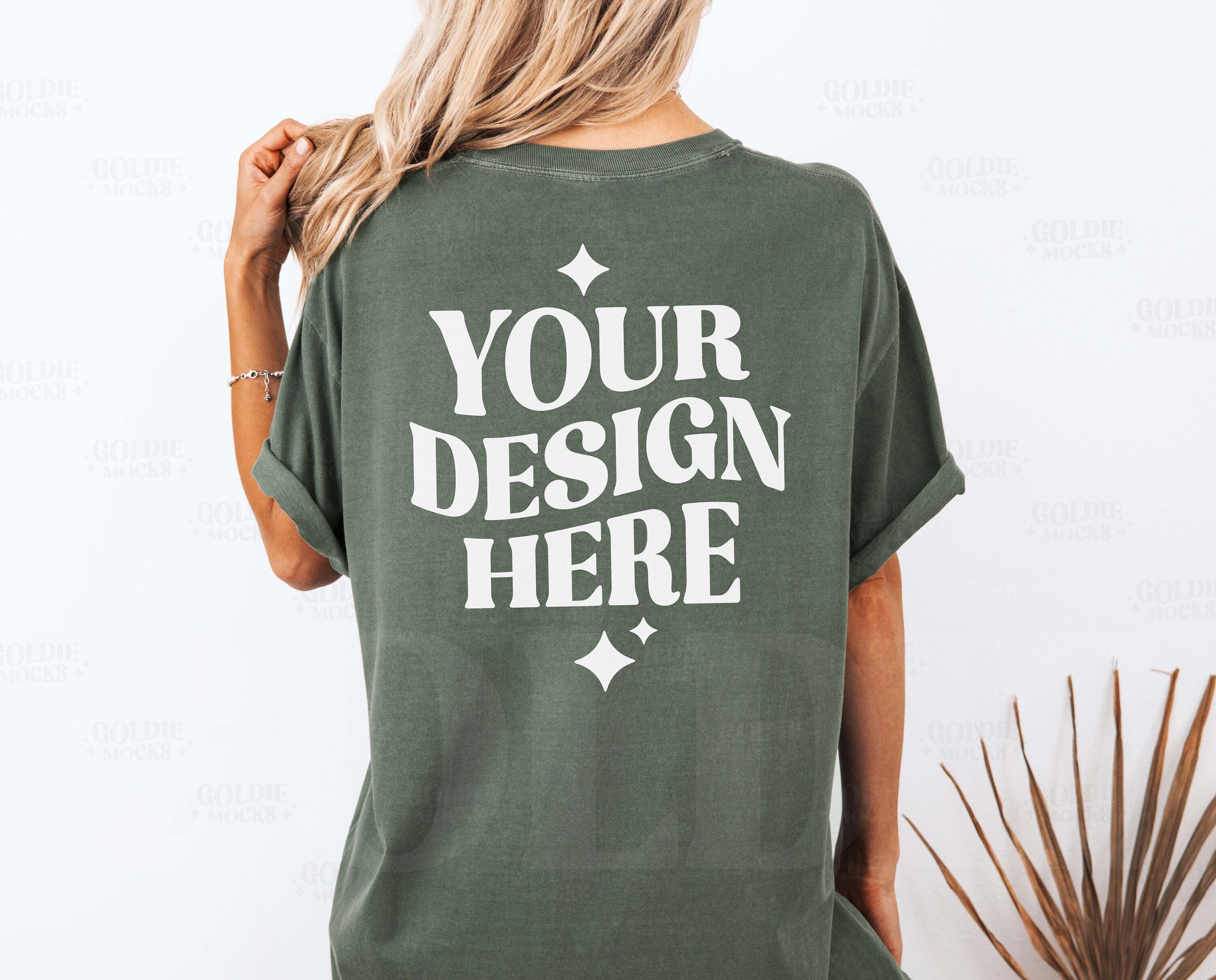 Comfort Colors C1717 Moss Shirt Back Mockup | Back of 1717 Green T-shirt Mock-up | Real Model Mock | Minimal Long Untucked Tshirt Back View