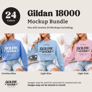 May include: Mockup bundle of 24 Gildan 18000 sweatshirts in various colors. The image shows three models wearing sweatshirts in Carolina Blue, Light Blue, and Light Pink. The sweatshirts feature the text "Goldie +Mocks+ Mockup Studio" printed on the front.