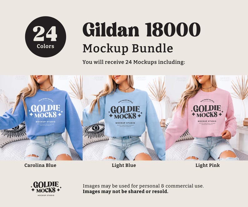May include: Mockup bundle of 24 Gildan 18000 sweatshirts in various colors. The image shows three models wearing sweatshirts in Carolina Blue, Light Blue, and Light Pink. The sweatshirts feature the text "Goldie +Mocks+ Mockup Studio" printed on the front.