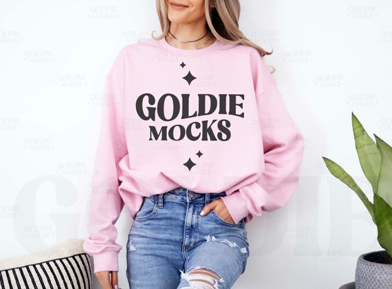 Gildan 18000 Light Pink Sweatshirt Mockup | G180 Pink Crewneck Mockup | Real Model Mock | Gildan 18000 | Pink Sweater | Casual Cute Simple