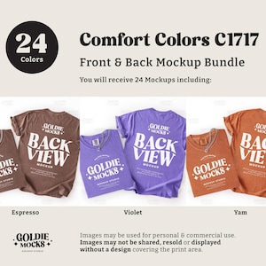 May include: A mockup bundle featuring Comfort Colors C1717 t-shirts in Espresso, Violet, and Yam colors. The shirts display front and back views with the text "GOLDIE MOCKS" and "BACK VIEW" in white. The image includes a circle with "24 Colors".