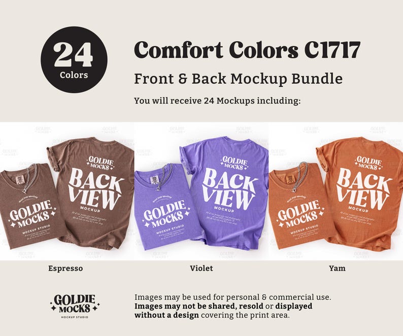 May include: A mockup bundle featuring Comfort Colors C1717 t-shirts in Espresso, Violet, and Yam colors. The shirts display front and back views with the text "GOLDIE MOCKS" and "BACK VIEW" in white. The image includes a circle with "24 Colors".
