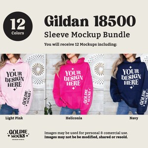 May include: A mockup bundle of 12 Gildan 18500 hoodies in various colors, including light pink, heliconia, and navy. The hoodies feature a white text overlay that says "Your Design Here".