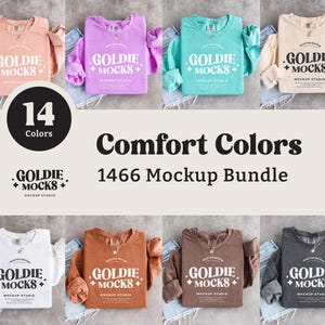May include: A mockup bundle featuring long-sleeve shirts in various colors, including peach, purple, teal, and cream. Each shirt displays the text "GOLDIE MOCKS" and "MOCKUP STUDIO". The image also includes the text "Comfort Colors" and "1466 Mockup Bundle".