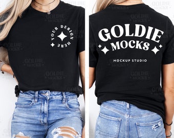 Bella Canvas 3001 Black Tshirt Front & Back Mockup | BC 3001 Black Shirt Front Back View Split Mockup | Trendy Dual Real Model Mock