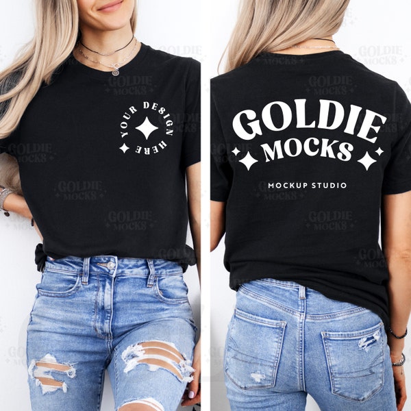 Bella Canvas 3001 Black Tshirt Front & Back Mockup | BC 3001 Black Shirt Front Back View Split Mockup | Trendy Dual Real Model Mock