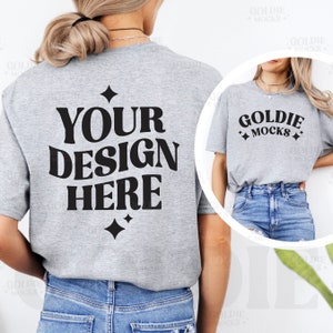 Gildan 64000 Sport Grey Tshirt Front & Back Mockup | G640 Sport Grey T-shirt Front Back Mock-up | Real Model Mock | Split View Simple Shirt