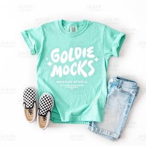 Comfort Colors C9018 Island Reef Tshirt Mockup | 9018 Green Youth TShirt Mock | Real Product Mock | Trendy Minimal Neutral Styled Kids Shirt