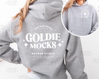 Modello anteriore e posteriore della felpa con cappuccio sportiva grigia Gildan 18500 / Modello diviso della felpa con cappuccio grigia G185 / Modello reale / Doppio retro semplice e minimale