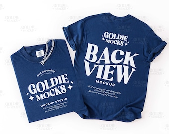 Comfort Colors C1717 True Navy Tshirt Front Back Mockup | 1717 Navy T-Shirt Flatlay Mock-up | Real Photo | Minimal Neutral Back View Tee