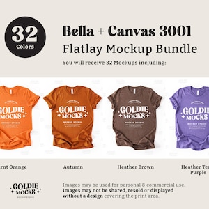 May include: A flat lay mockup bundle of 32 t-shirts in various colors, including burnt orange, autumn, heather brown, and heather team purple. The t-shirts are all Bella + Canvas 3001 and feature the text "Goldie Mocks" printed on the front.