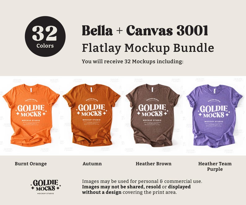 May include: A flat lay mockup bundle of 32 t-shirts in various colors, including burnt orange, autumn, heather brown, and heather team purple. The t-shirts are all Bella + Canvas 3001 and feature the text "Goldie Mocks" printed on the front.