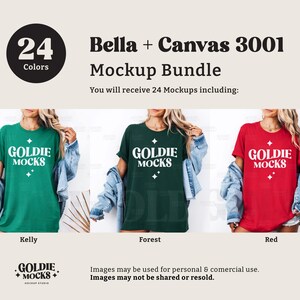 Puede incluir: Maqueta de una camiseta Bella + Canvas 3001 en tres colores: verde Kelly, verde bosque y rojo. La camiseta tiene un gr&aacute;fico blanco que dice "Goldie Mocks" con un dise&ntilde;o de estrella. La camiseta est&aacute; siendo modelada por una persona que lleva una chaqueta vaquera.