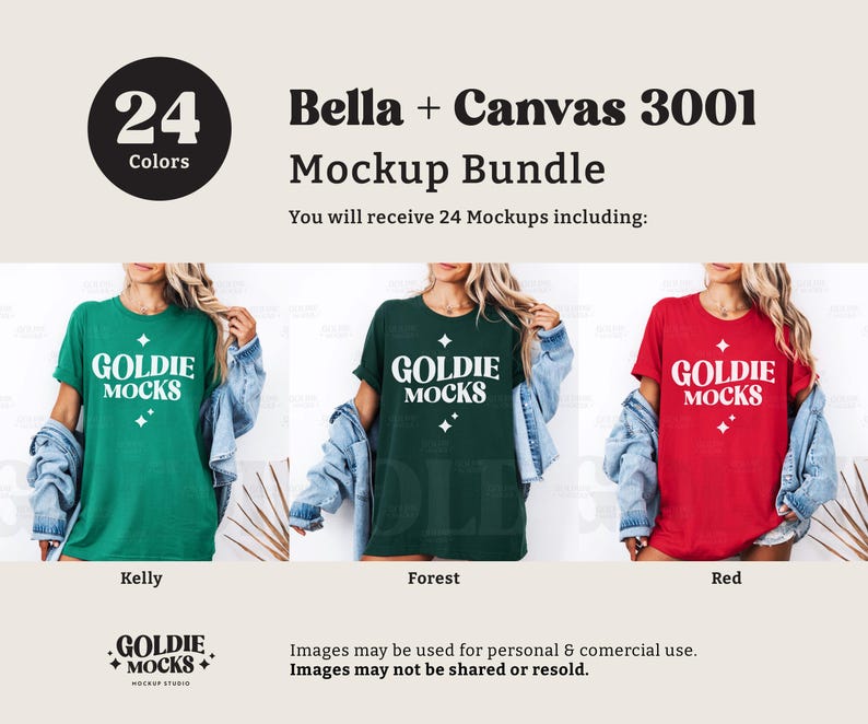 Puede incluir: Maqueta de una camiseta Bella + Canvas 3001 en tres colores: verde Kelly, verde bosque y rojo. La camiseta tiene un gr&aacute;fico blanco que dice "Goldie Mocks" con un dise&ntilde;o de estrella. La camiseta est&aacute; siendo modelada por una persona que lleva una chaqueta vaquera.
