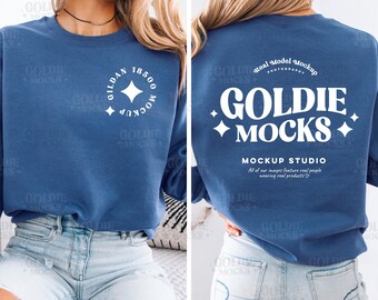 Gildan 18000 Indigo Sweatshirt Front & Back Mockup | G180 Indigo Blue Crewneck Sweater Split Mock-up | Real Model Mock | Dual Back View